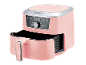 Pink air fryer with digital display showing 180 degrees and various cooking functions.