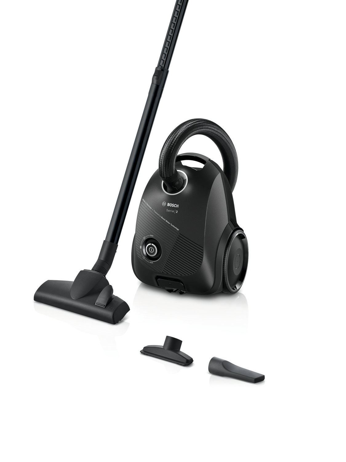 Bagged vacuum cleaner from series 2, with power control and three attachments.