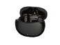 Black wireless earbuds in an open charging case with a red indicator light