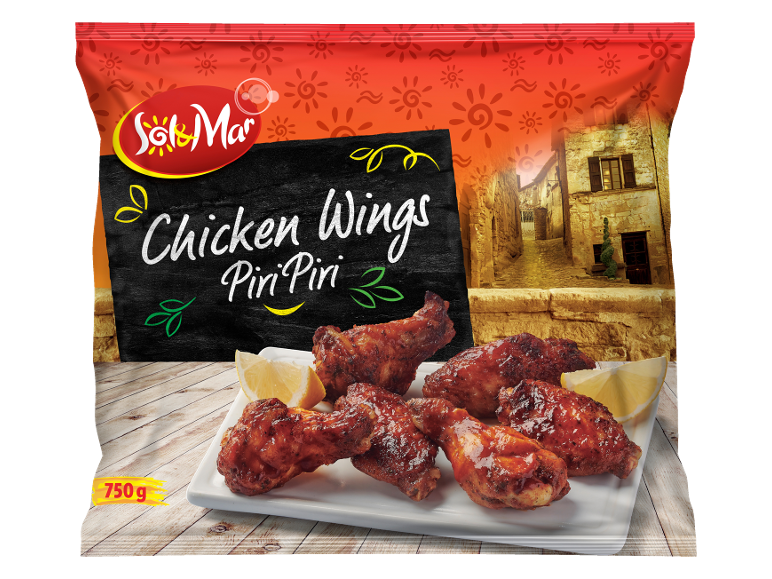 750g Piri Piri chicken wings package with lemon on a plate, with old street background.