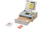 Wooden toy cash register with scanner, cash drawer, and product cards.
