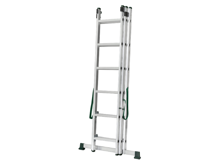 Aluminum telescopic ladder with green straps, on a black background.