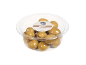 Gordal olives with pits in a clear plastic container.