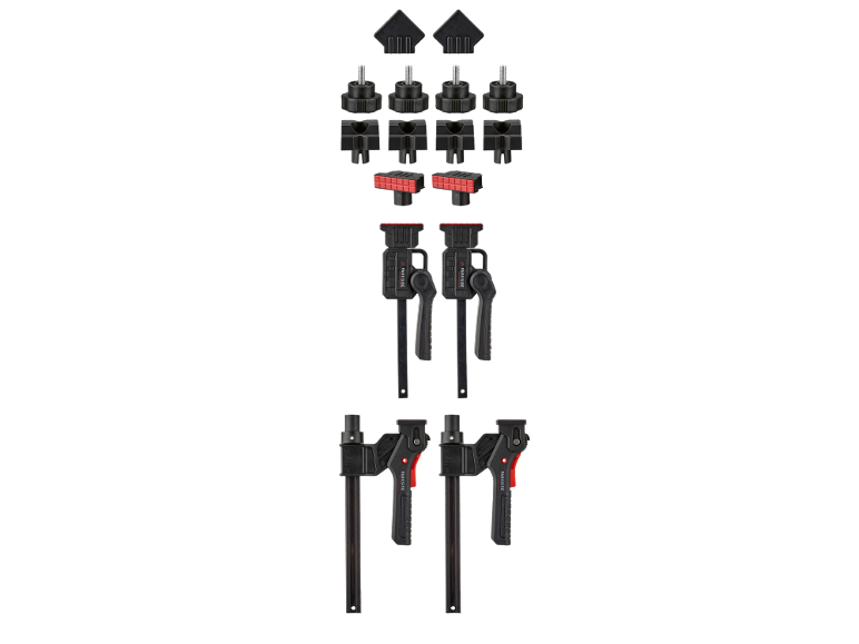 Set of various clamps and accessories, including two large and two medium clamps.