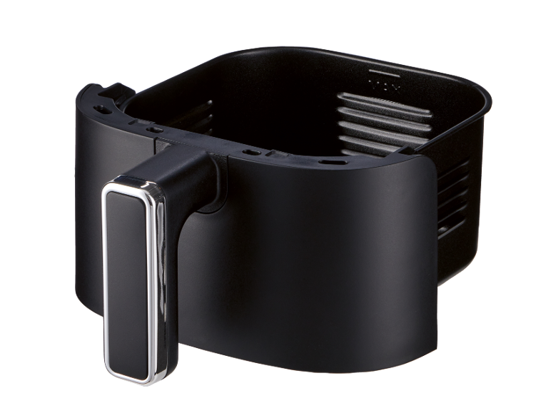Black air fryer basket with a handle and internal markings.