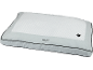 Light gray rectangular pet bed with a paw print and a quilted pattern.