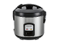 Stainless steel electric rice cooker with black lid and control panel