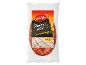 Packaging of 250g extra chorizo sausage with a wooden background and city landscape.