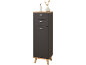 Grey bathroom chest of drawers with three drawers and a door, topped with a soap dispenser and a vase.