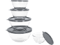 Set of stacked glass bowls with grey lids, and one separate bowl.