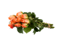 Bouquet of orange roses with thorny stems and green leaves on a black background.