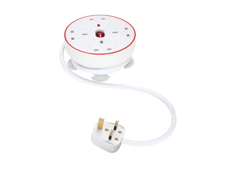 White round power strip with four sockets and a red switch, with a cable and a three-pin plug.