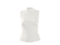 White sleeveless mock neck top on a black background.
