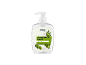 Hydrating olive liquid soap with dispenser, featuring cream splashes and green olives.