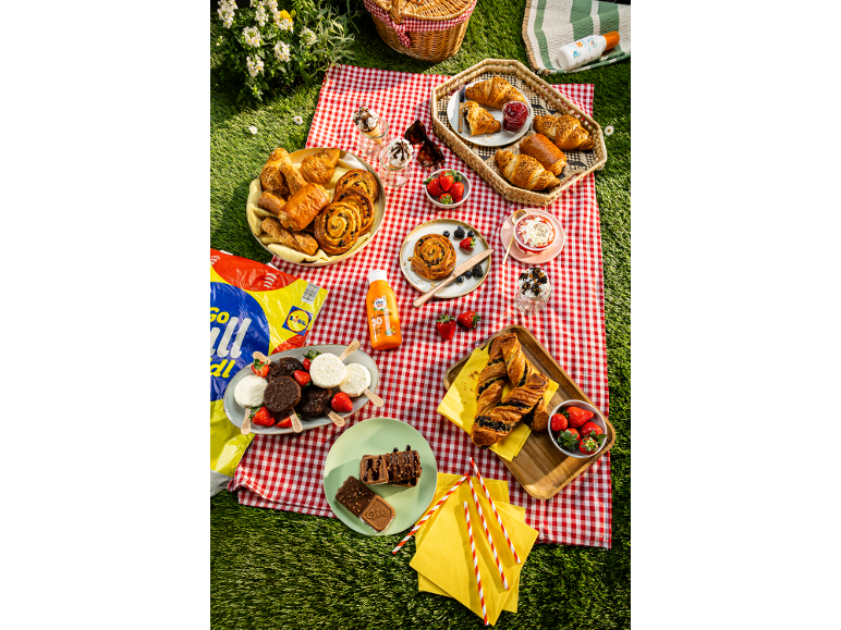 Picnic spread with pastries, ice cream, fruit, and sunscreen on a red and white checkered blanket.