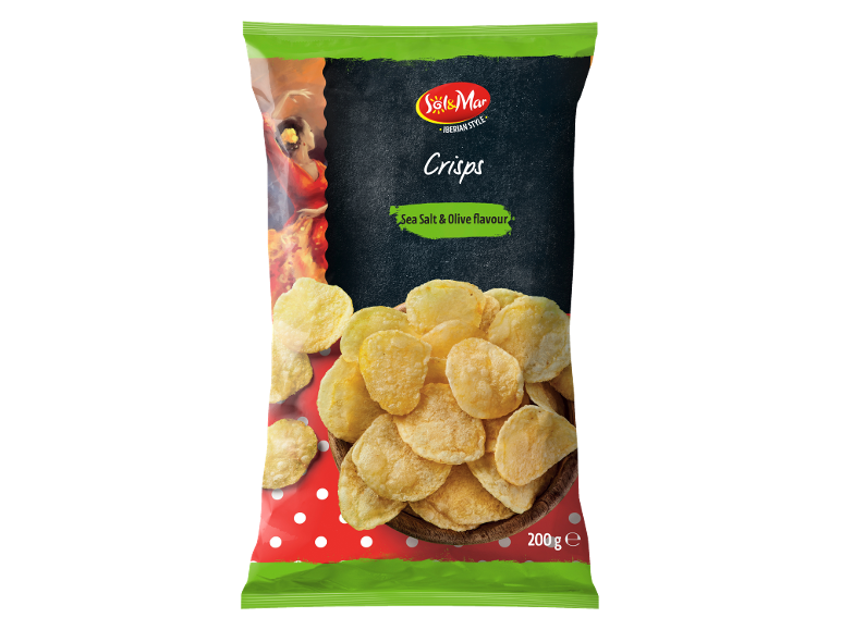 Packet of crisps with sea salt & olive flavour, 200 g.