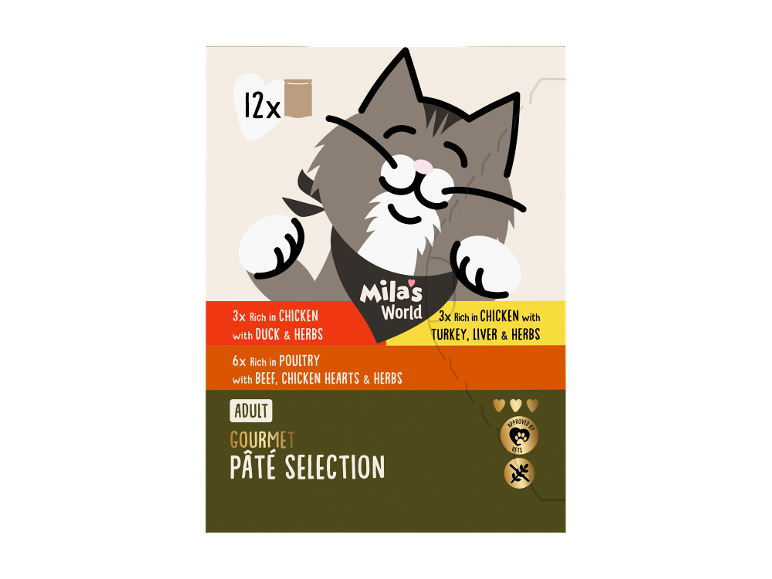 12-pack adult cat pâté selection with chicken, duck, beef, and poultry varieties.