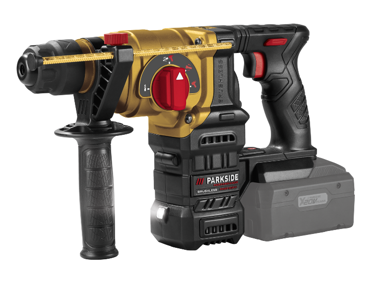 Gold and black cordless rotary hammer drill with auxiliary handle and battery.