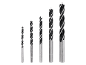 Set of five black and silver wood drill bits, sizes 7mm to 10mm, on a black background.