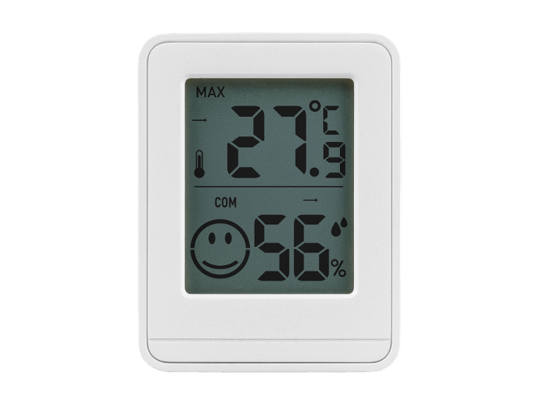 White digital thermometer and hygrometer with LCD screen, showing 27.9°C and 56% humidity.