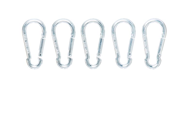 Five silver carabiners arranged in a row.