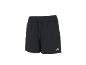 Black sports shorts with a drawstring waist and a white logo.