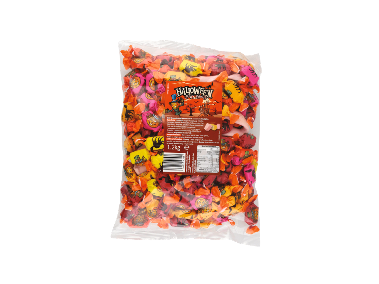 Halloween chewy sweets in a clear bag, featuring a pumpkin character and nutritional information.