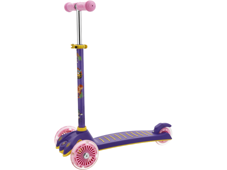 Purple three-wheel children's scooter with pink wheels and handles, featuring dinosaur designs.