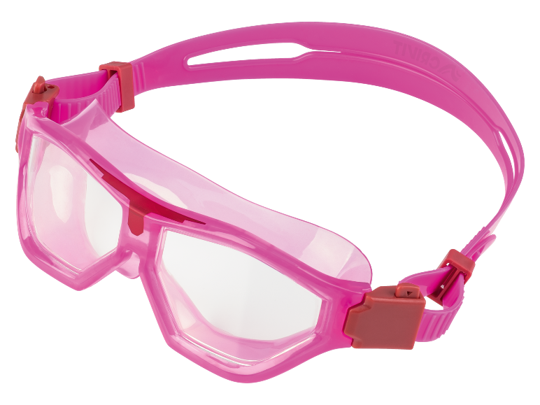 Pink swimming goggles with clear lenses and an adjustable strap