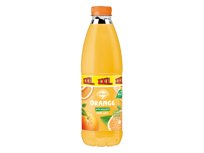 XXL orange juice in a bottle, with juicy bits and 100% directly pressed.