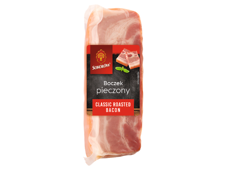 Package of classic roasted bacon with a black and red label.