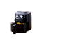 Black air fryer with french fries in the basket.