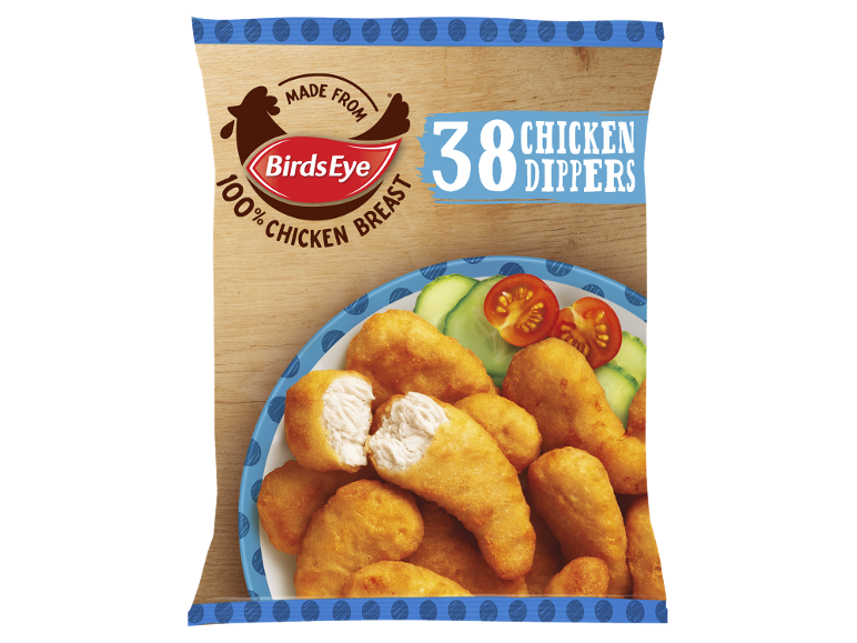 Packet of 38 chicken pieces, made from 100% chicken breast, served on a plate.