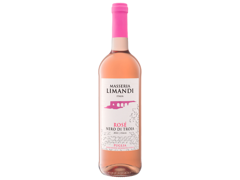 Rosé wine bottle with pink foil, white label, and black text.