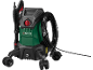 Pressure washer with gun, hose, and wheels.