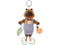 Plush capybara toy in overalls with a leaf and an orange, with teething rings.