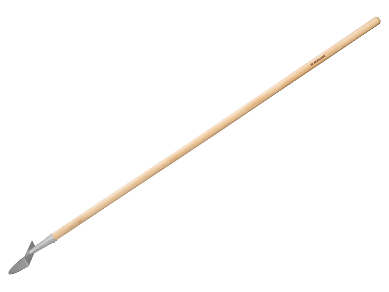 Hoe with a long wooden handle and a metal head.
