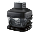 Black air fryer with transparent glass bowl and internal rack.