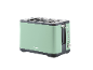 Light green two-slice toaster with silver controls.