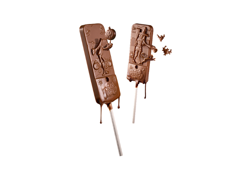 Two Halloween-themed chocolate lollipops featuring a scarecrow and a witch.