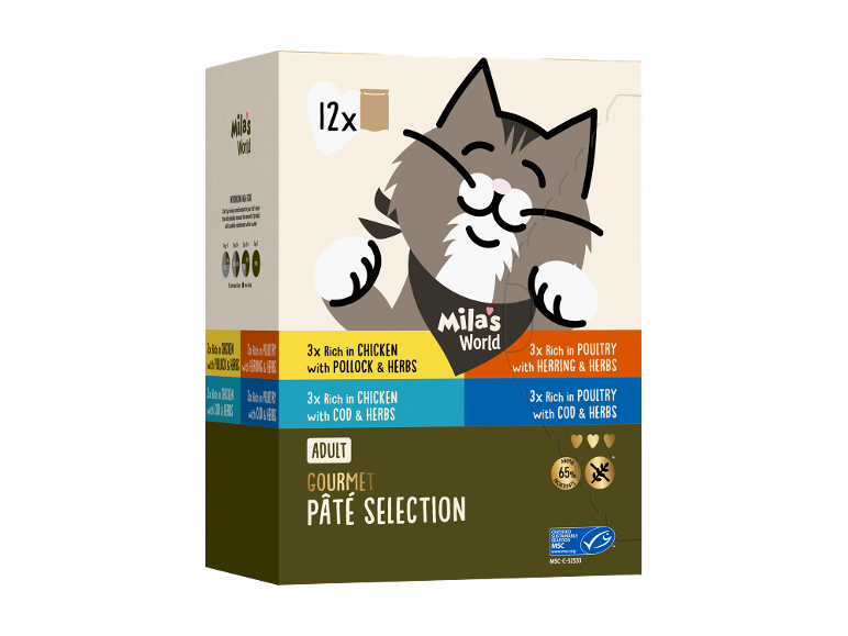 Cat food: 12x gourmet pâté selection with chicken, fish, and herbs, 65% animal ingredients.