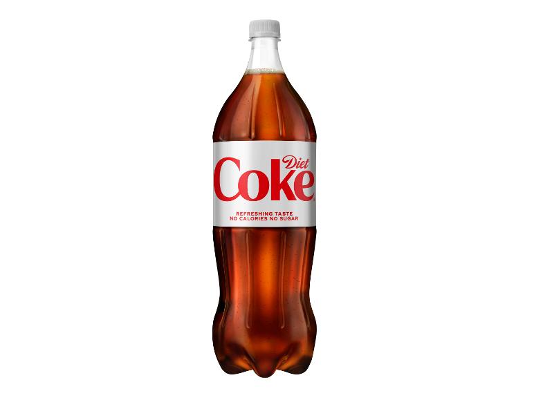 Diet Coke 2-liter bottle with a white label, red logo, and text: 'REFRESHING TASTE NO CALORIES NO SUGAR'