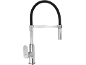 Chrome kitchen faucet with a black flexible spout and single lever.