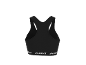 Black sports top with wide straps and bottom band with text.