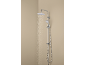 Chrome shower system with a large overhead shower and a handheld shower, water running.