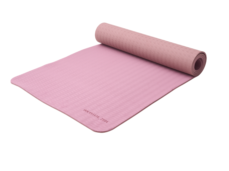 Pink yoga mat, partially rolled up, with text 'IAN 493438_2504'