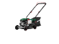 Petrol lawnmower with grass collector on a black background.