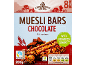 Chocolate muesli bars, 8 count, with no added sugars, suitable for vegetarians.