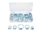 Set of metal hose clamps in a clear box, with additional clamps below.