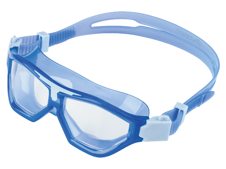 Blue swimming goggles with clear lenses and adjustable strap